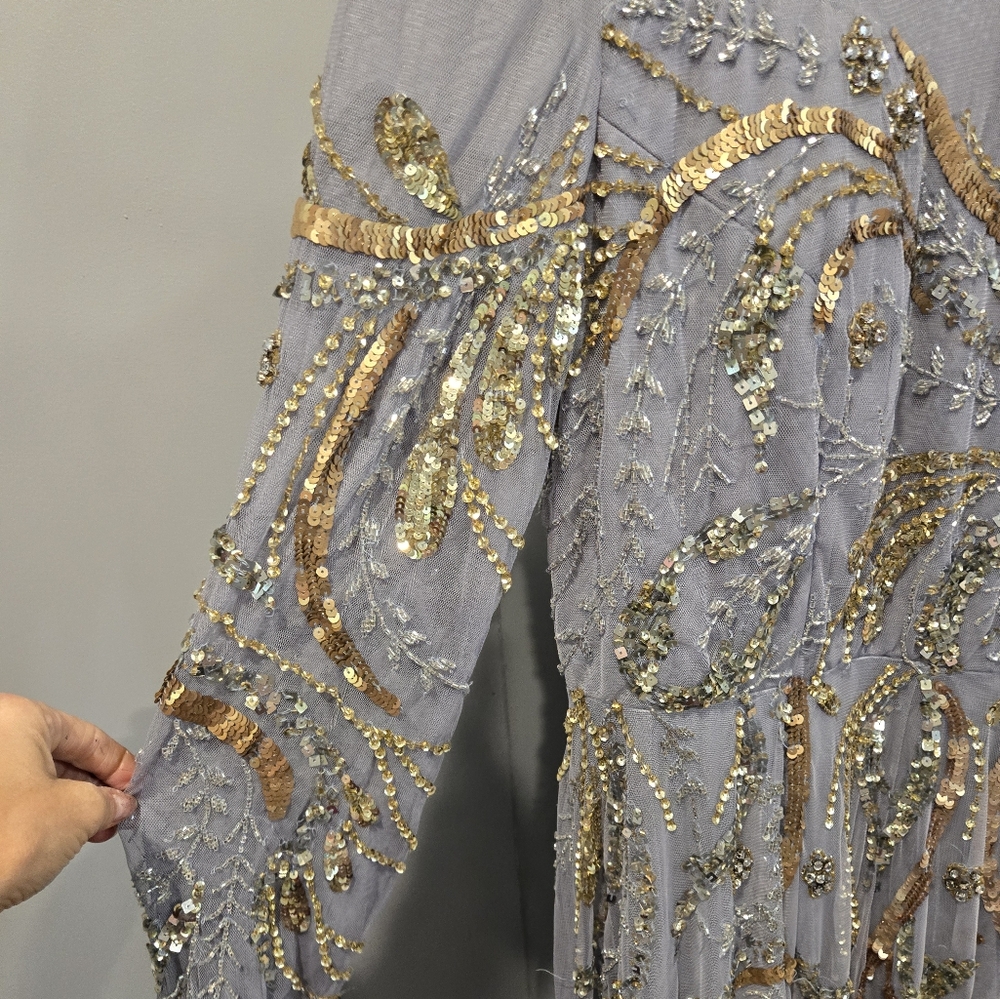 NWT Mac Duggal PLATINUM GOLD LONG SLEEVE EMBELLISHED ILLUSION GOWN… - Picture 5 of 12
